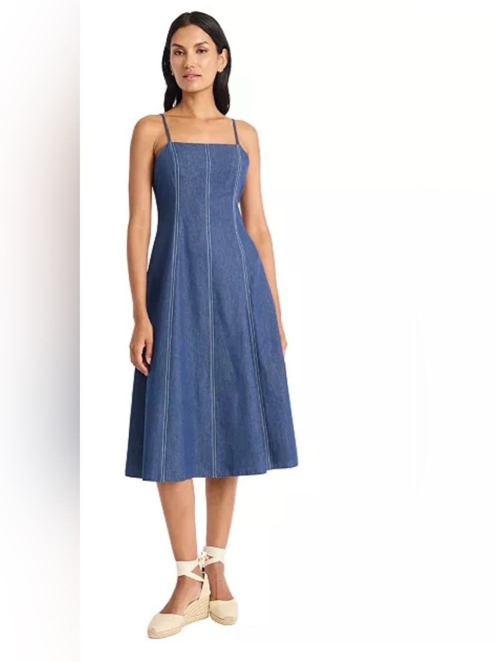 Maggy London Blue Denim Midi Dress with Square Neckline